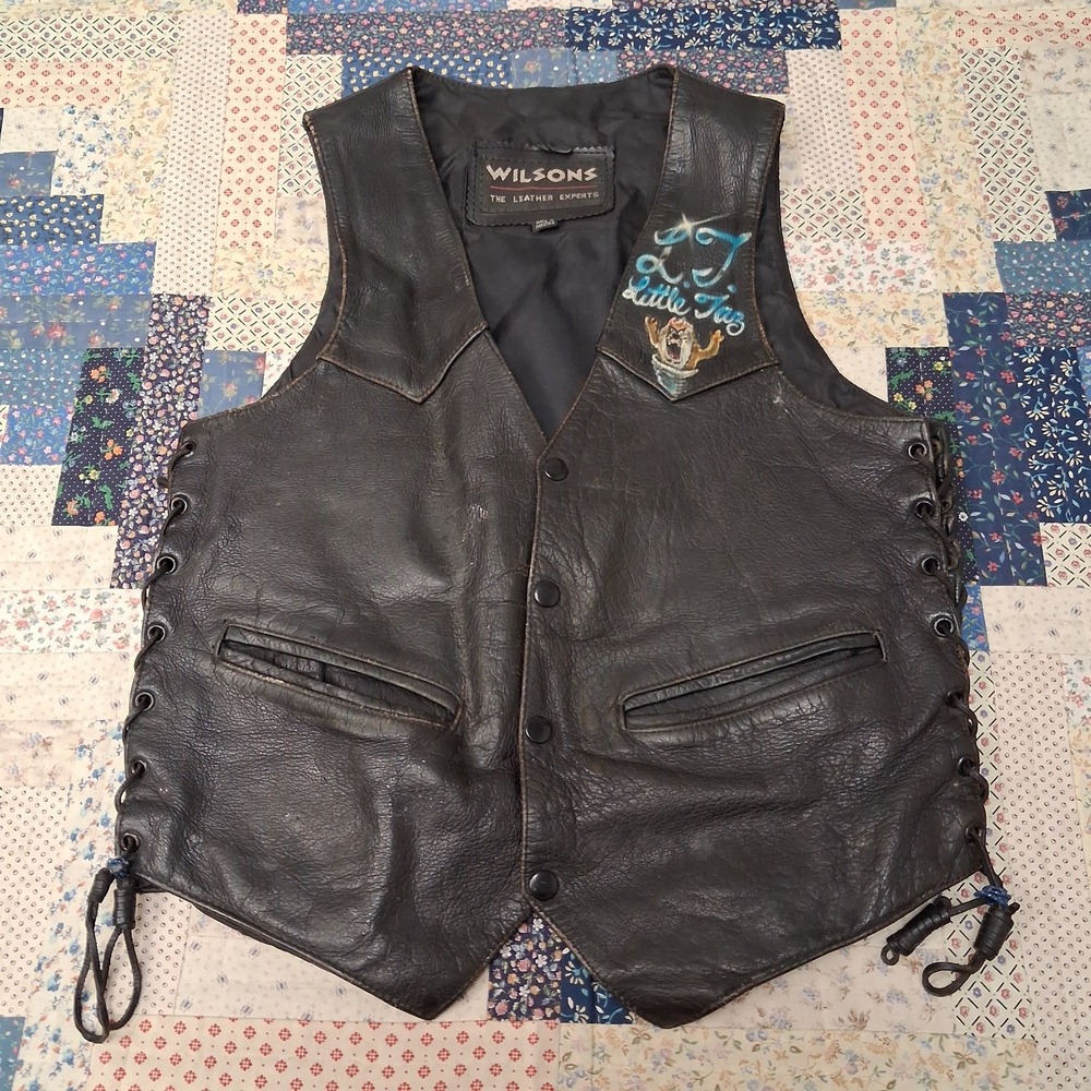 Vintage 90s Wilsons Leather Motorcycle Vest Small Biker 3D Embossed Eagle Taz